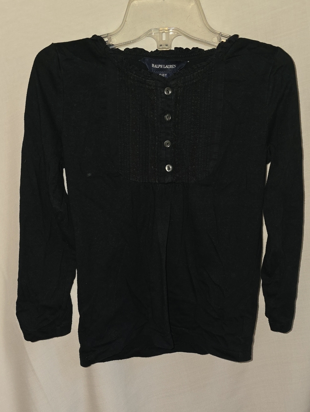 Ralph Lauren Black Long Sleeve Girls' Henley Top with Pintuck